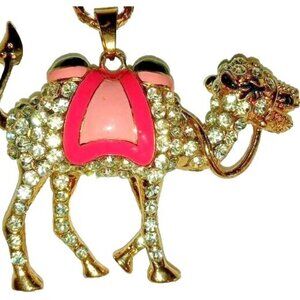 BETSEY JOHNSON Signed Vintage Gold Tone Chain Camel Necklace Enamel Rhinestones